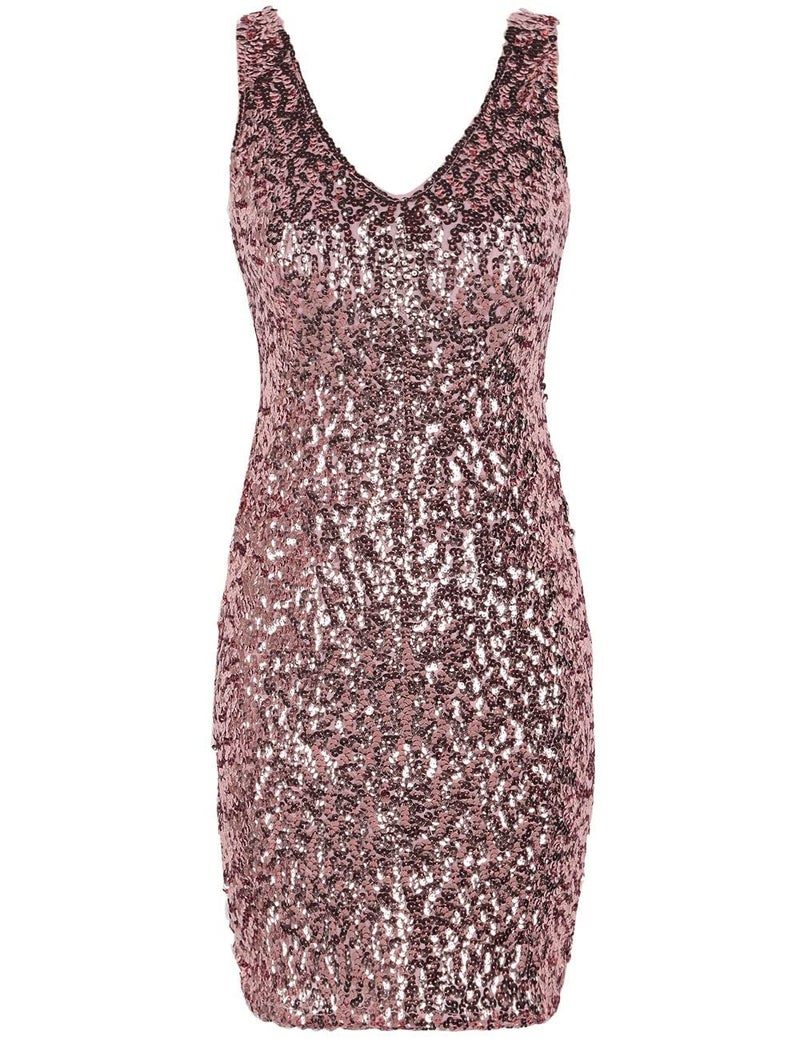 PrettyGuide Women Sexy Deep V Neck Sequin Glitter Bodycon Stretchy Mini Party Dress S Pink Pink - Image 5